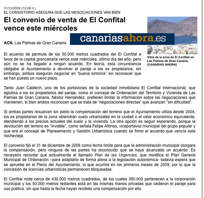 El convenio de venta de El Confital vence este miércoles ( www.canariasahora.es).