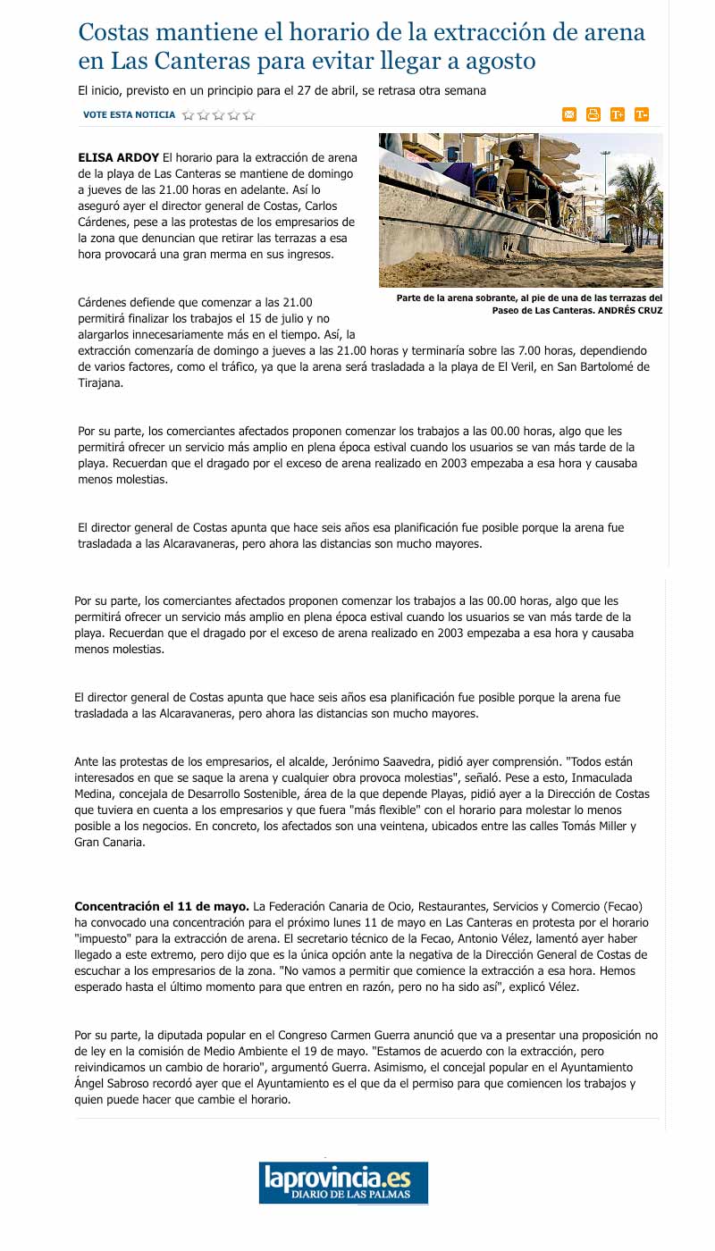 Costas mantiene el horario de la extracción de arena en Las Canteras para evitar llegar a agosto. ( www.laprovincia.es)