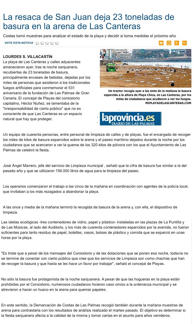 La resaca de San Juan deja 23 toneladas de basura en la arena de Las Canteras. ( www.laprovincia.es)