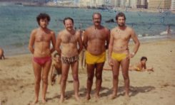 Sixto Luzardo, Manolo Salcedo, Paco Rodríguez y Oscar Heredia en Las Canteras, sobre 1970- colecc. Familia Salcedo.
