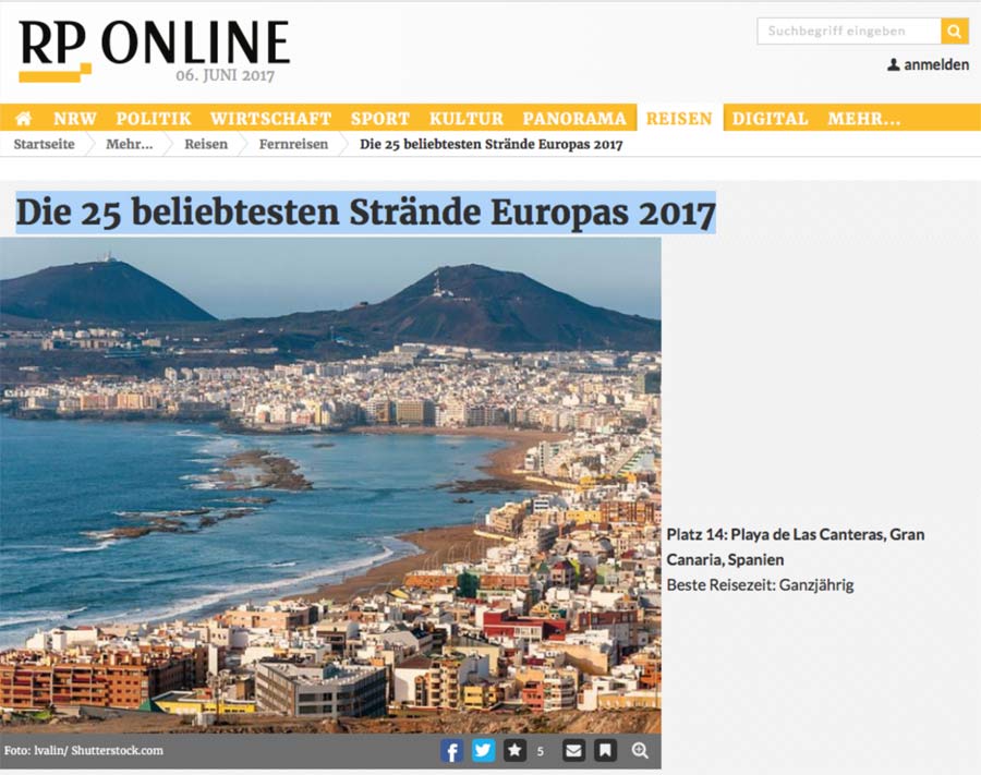 Uno de los mayores periódicos regionales de Alemania coloca a Las Canteras entre las mejores playas de Europa en 2017